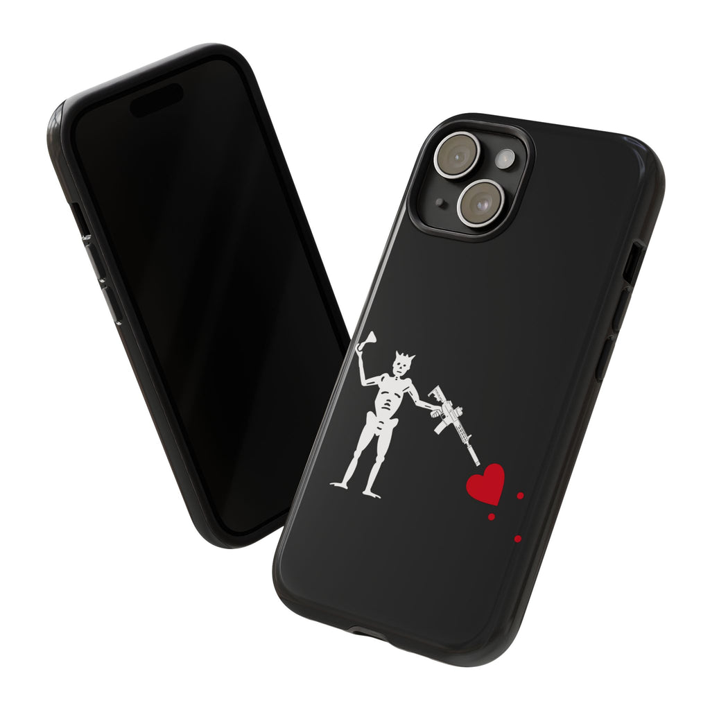 No ShopCo NFA Pirate Hourglass Edition tough phone case: glossy black case with a white skeleton raising an hourglass and holding an AR-15 SBR aimed at a red heart, front and back view of a dual-camera iPhone in the case