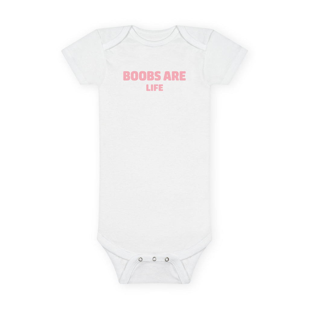 No ShopCo Boobs Are Life organic baby bodysuit with pink lettering