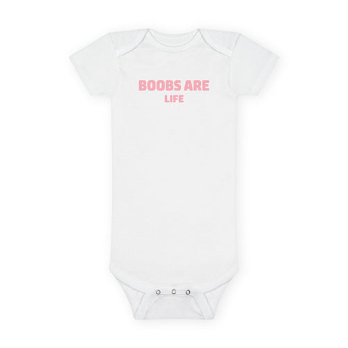 No ShopCo Boobs Are Life organic baby bodysuit with pink lettering