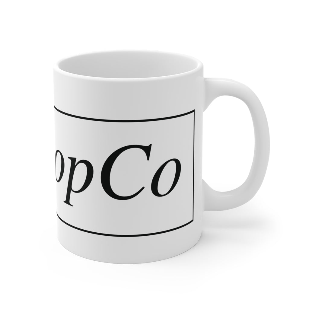 No ShopCo Logo 11oz white ceramic coffee mug with black framed logo – view 3