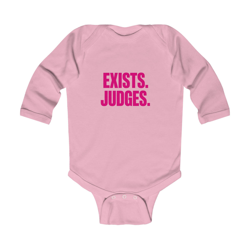 No ShopCo Exists. Judges. long-sleeve infant bodysuit with pink bold lettering