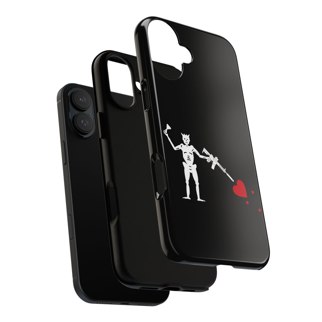 No ShopCo NFA Pirate Hourglass Edition tough phone case: glossy black case with a white skeleton raising an hourglass and holding an AR-15 SBR aimed at a red heart, exploded view showing the inner shell and outer case layers