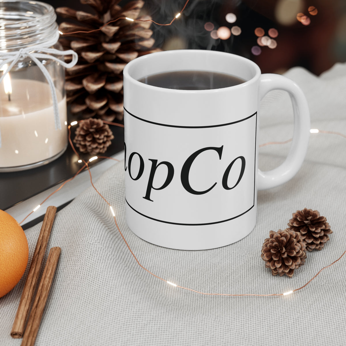 No ShopCo Logo 11oz white ceramic coffee mug with black framed logo – view 4