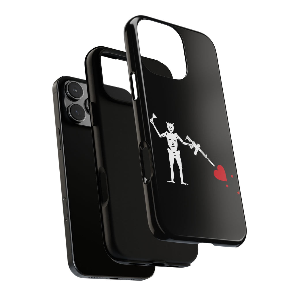 No ShopCo NFA Pirate Hourglass Edition tough phone case: glossy black case with a white skeleton raising an hourglass and holding an AR-15 SBR aimed at a red heart, exploded view showing the inner shell and outer case layers