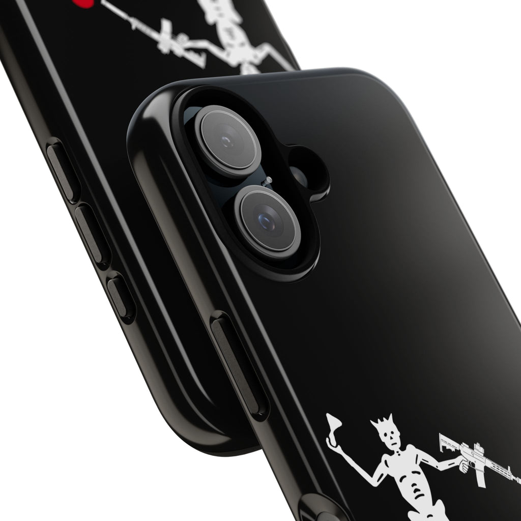 No ShopCo NFA Pirate Hourglass Edition tough phone case: glossy black case with a white skeleton raising an hourglass and holding an AR-15 SBR aimed at a red heart, close-up of the raised camera cutout on a dual-camera iPhone