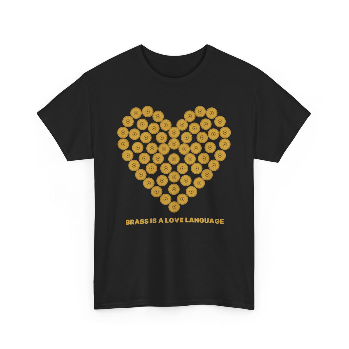 No ShopCo Brass Is A Love Language T-shirt with gold cartridge-heart front graphic