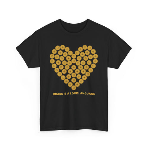 No ShopCo Brass Is A Love Language T-shirt with gold cartridge-heart front graphic