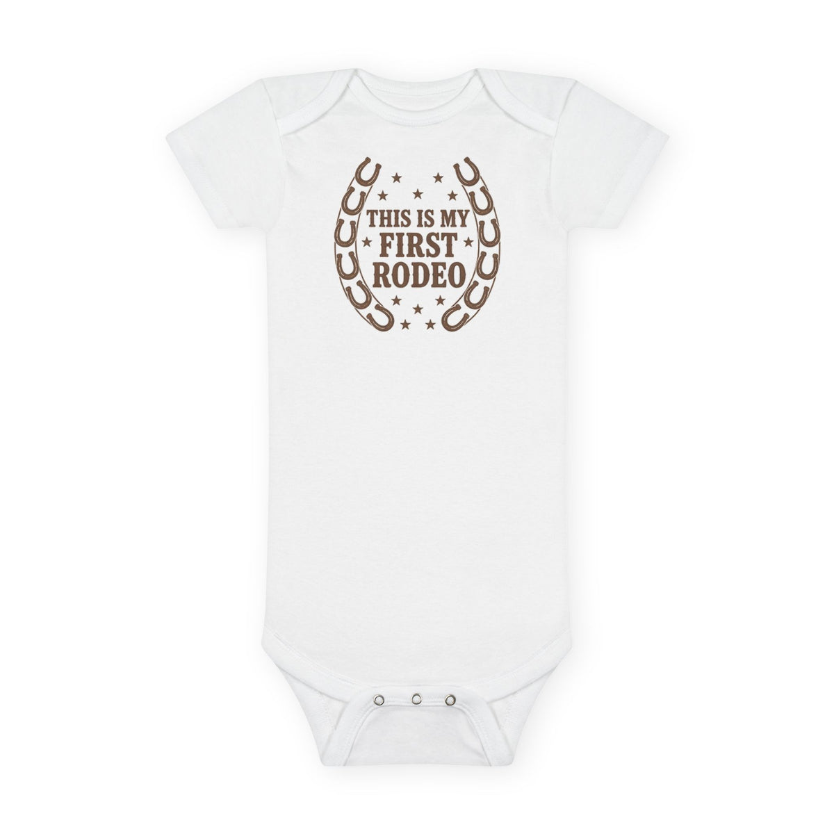 No ShopCo This Is My First Rodeo organic baby bodysuit with horseshoe graphic