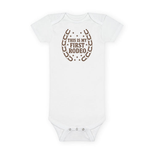 No ShopCo This Is My First Rodeo organic baby bodysuit with horseshoe graphic