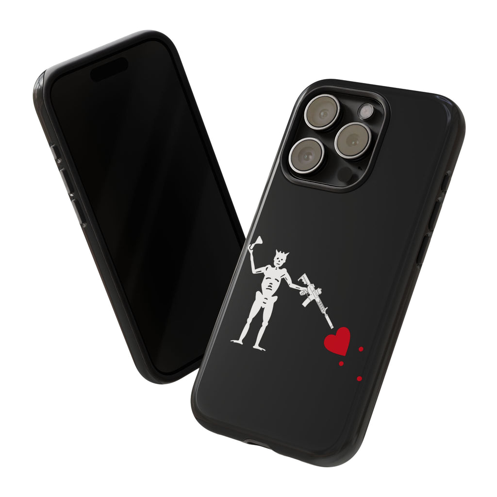 No ShopCo NFA Pirate Hourglass Edition tough phone case: glossy black case with a white skeleton raising an hourglass and holding an AR-15 SBR aimed at a red heart, front and back view of a triple-camera iPhone in the case