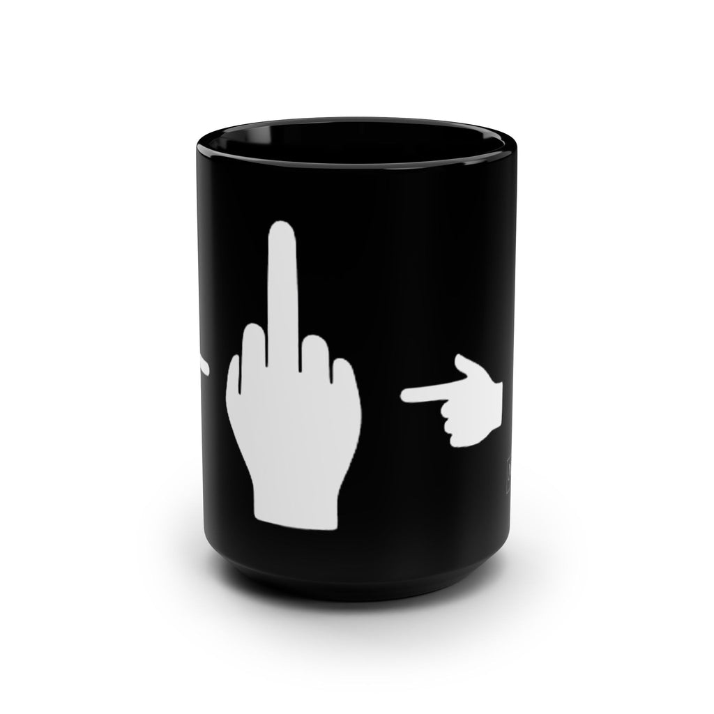 No ShopCo Pointer Finger 15oz black ceramic coffee mug with white hand graphic