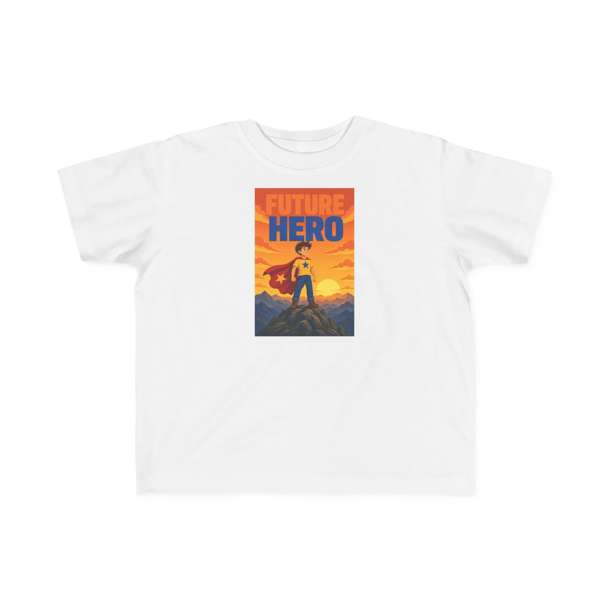 No ShopCo Future Hero toddler T-shirt with caped hero and mountain graphic