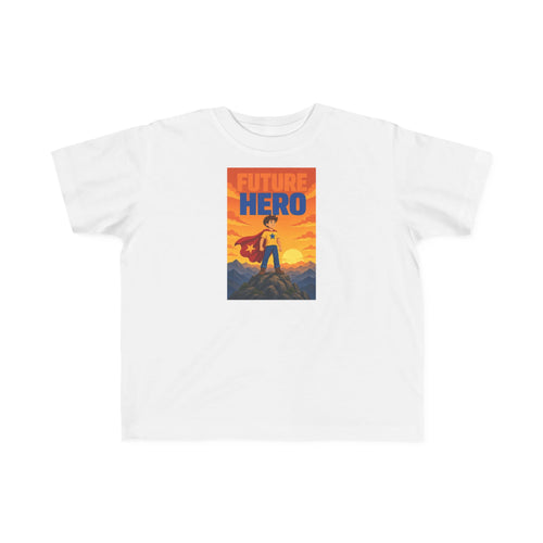 No ShopCo Future Hero toddler T-shirt with caped hero and mountain graphic