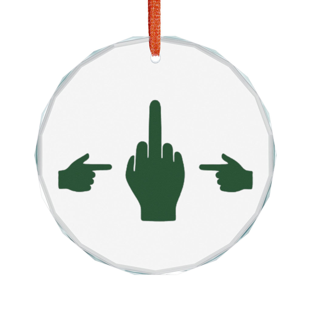 No ShopCo Pointer Finger glass Christmas ornament with green hand graphic