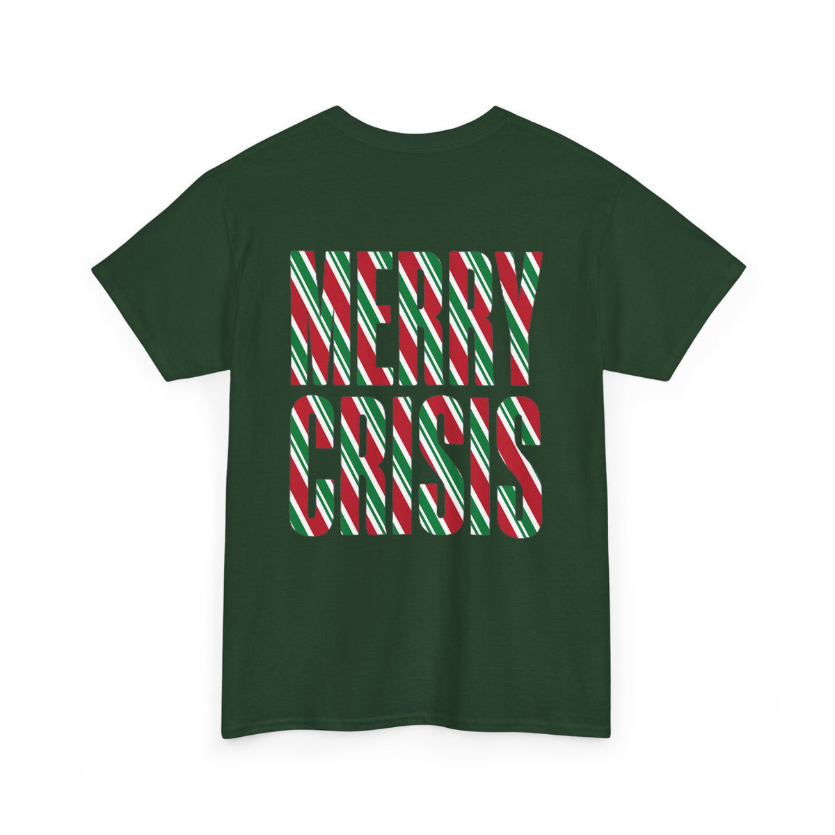 No ShopCo Merry Crisis Christmas T-shirt with red, green and white candy cane graphic and red logo