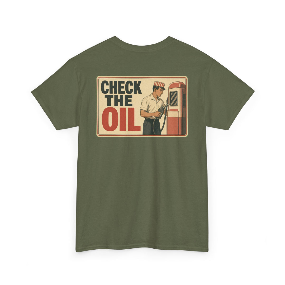 No ShopCo Check The Oil retro gas station T-shirt with black chest logo