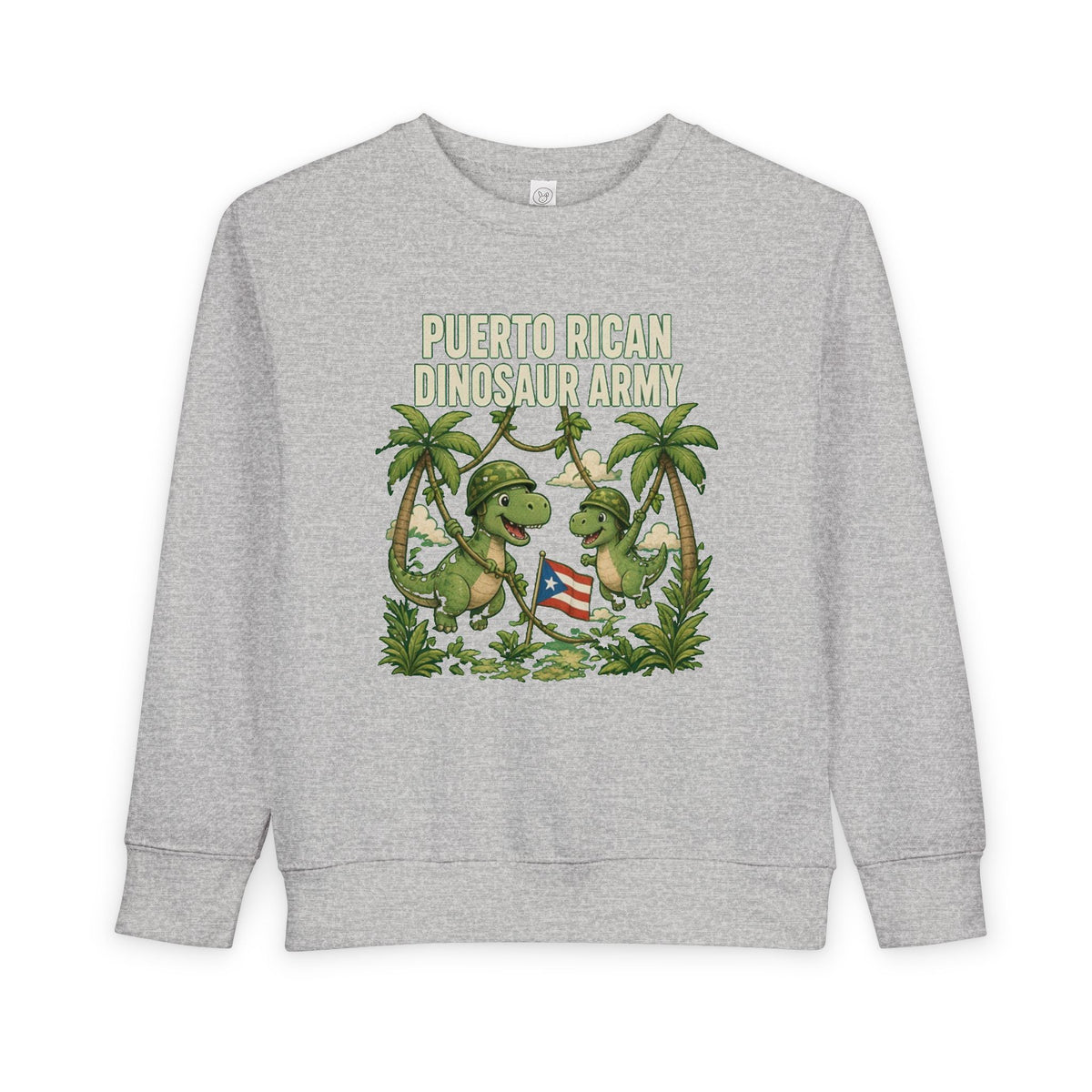 No ShopCo Puerto Rican Dinosaur Army toddler sweatshirt with two dinosaurs, palms and flag graphic