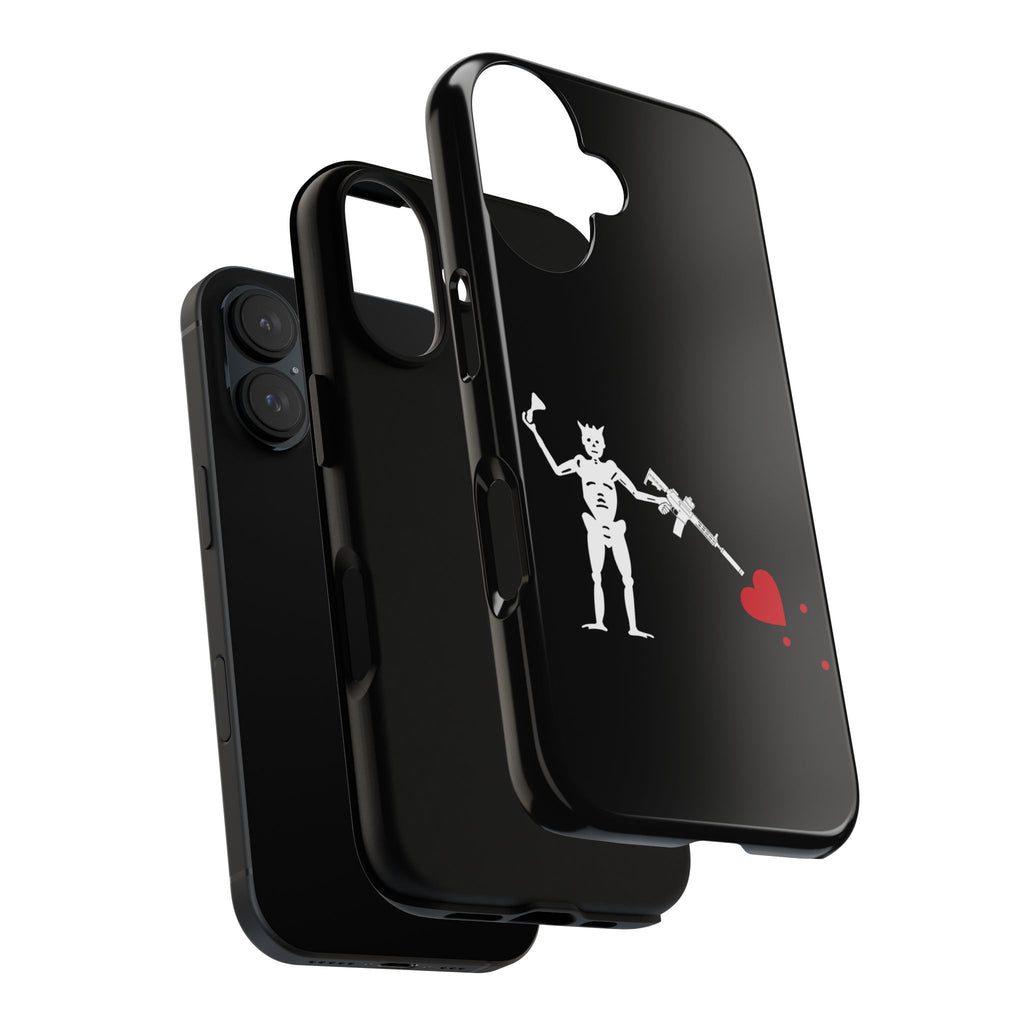 No ShopCo NFA Pirate Hourglass Edition tough phone case: glossy black case with a white skeleton raising an hourglass and holding an AR-15 SBR aimed at a red heart, exploded view showing the inner shell and outer case layers