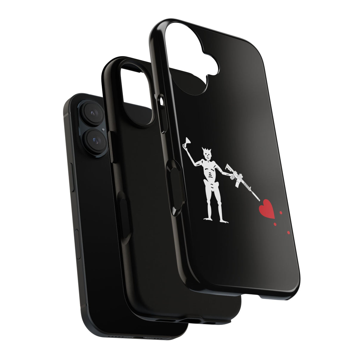 No ShopCo NFA Pirate Hourglass Edition tough phone case: glossy black case with a white skeleton raising an hourglass and holding an AR-15 SBR aimed at a red heart, exploded view showing the inner shell and outer case layers