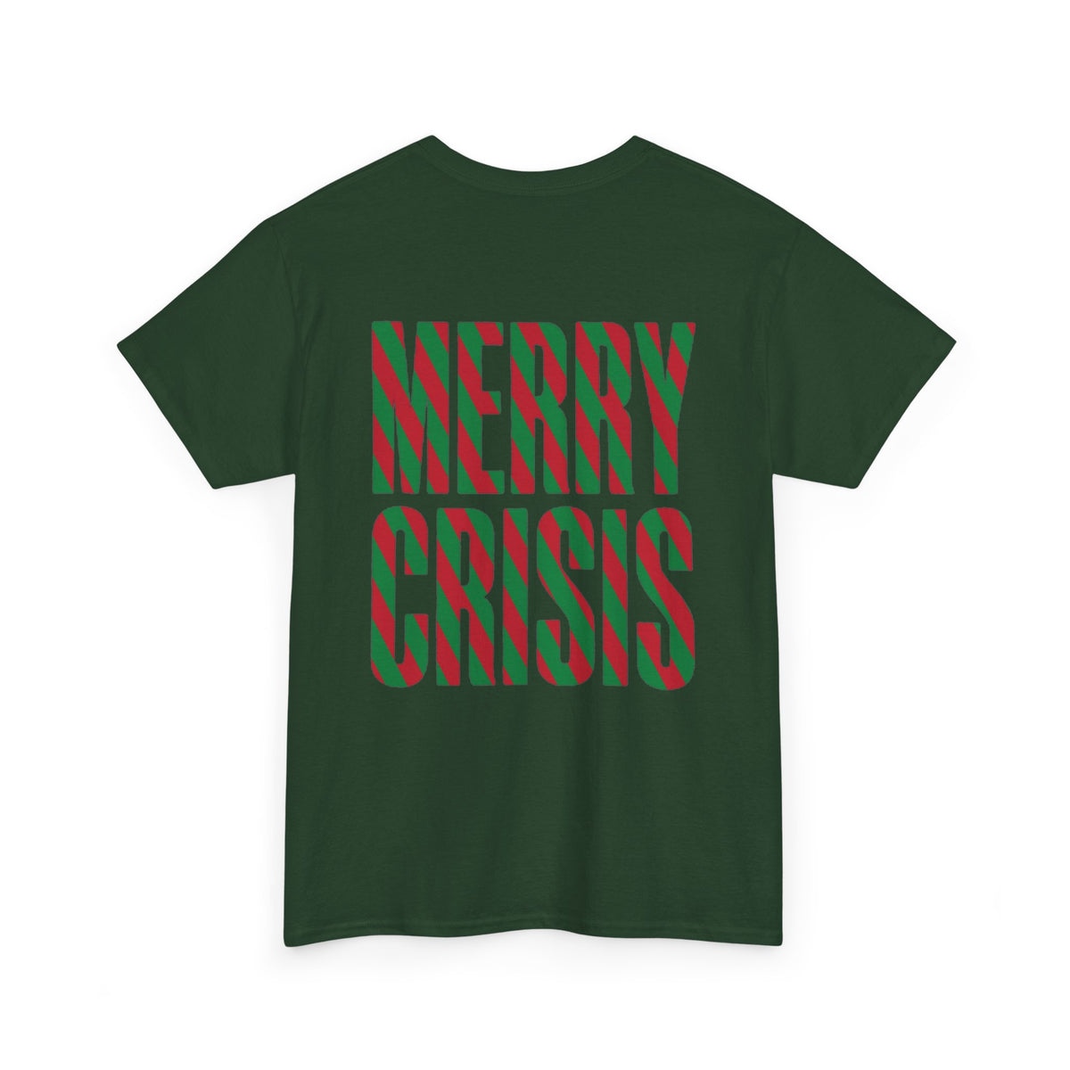 No ShopCo Merry Crisis Christmas T-shirt with red and green candy cane graphic and red logo