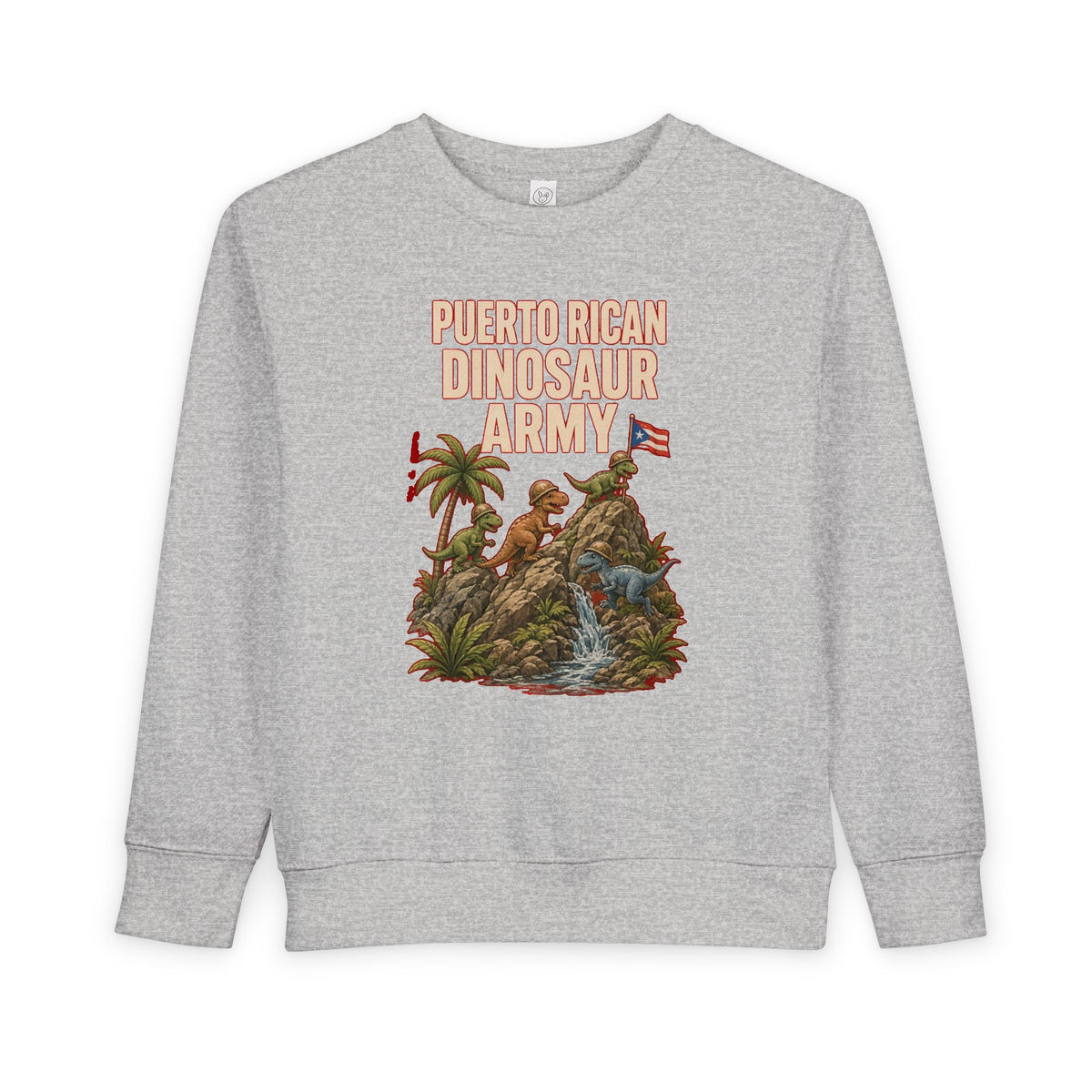 No ShopCo Puerto Rican Dinosaur Army kids' sweatshirt with dinosaurs, waterfall and flag graphic