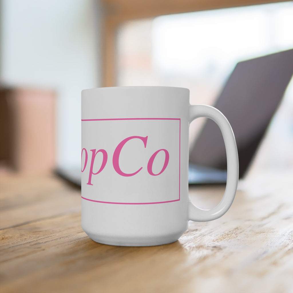No ShopCo Logo 15oz white ceramic coffee mug with pink framed logo – view 4