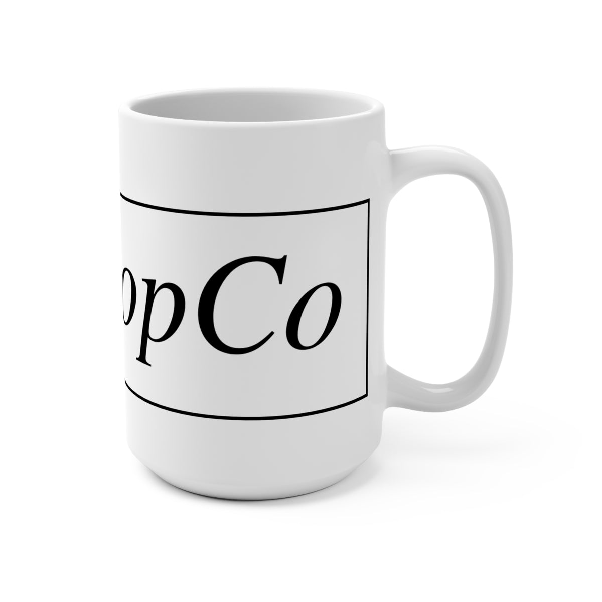 No ShopCo Logo 15oz white ceramic coffee mug with black framed logo – view 2
