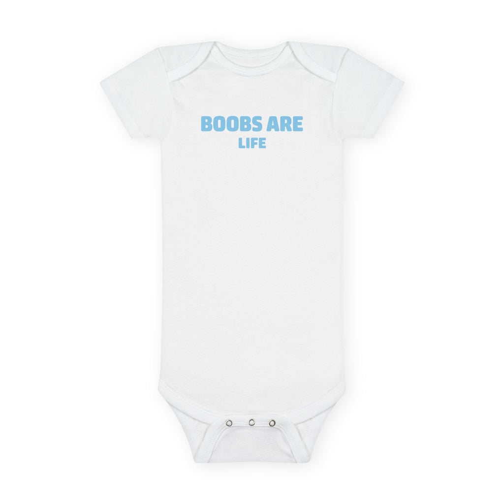 No ShopCo Boobs Are Life organic baby bodysuit with blue lettering