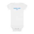 No ShopCo Boobs Are Life organic baby bodysuit with blue lettering