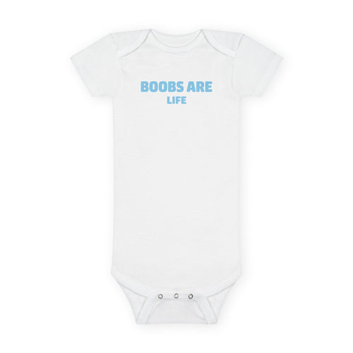 No ShopCo Boobs Are Life organic baby bodysuit with blue lettering