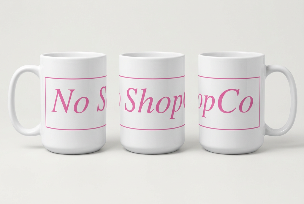 No ShopCo Logo 15oz white ceramic coffee mug with pink framed logo – photo 5