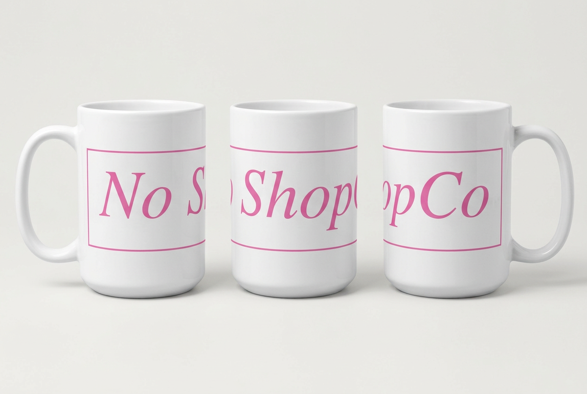 No ShopCo Logo 15oz white ceramic coffee mug with pink framed logo – photo 5