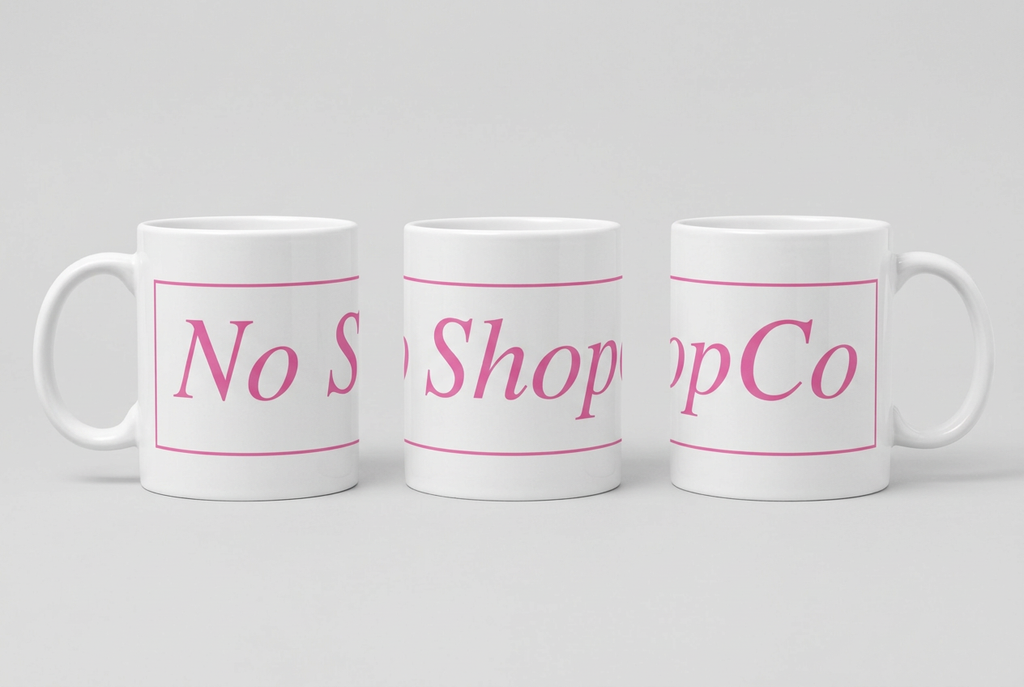 No ShopCo Logo 11oz white ceramic coffee mug with pink framed logo – photo 5