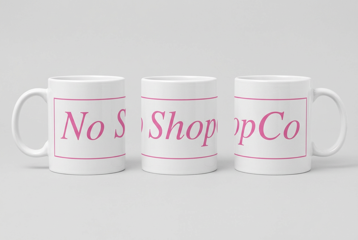No ShopCo Logo 11oz white ceramic coffee mug with pink framed logo – photo 5